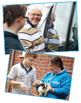 Two photos showing smiling care client getting into a car and care staff showing a rabbit to care client